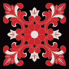 Vibrant red symmetrical floral scroll pattern creates an elegant decorative motif.