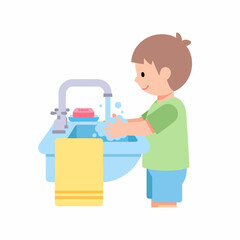 Smiling cartoon boy in a green shirt washing his hands with soap and bubbles at a blue sink.