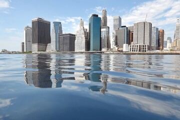 Beautiful Cityscape Reflected on Calm Water, Showcasing Iconic New York Skyscrapers at Daylight.