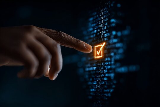 A close-up of a digital verification checklist confirmed with a fingerprint on a virtual screen.