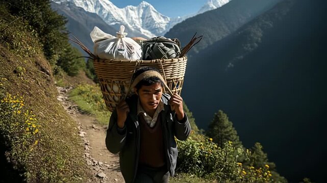 Nepali man carries doko basket filled with goods down steep Himalayan trail surrounded by breathtaking mountains