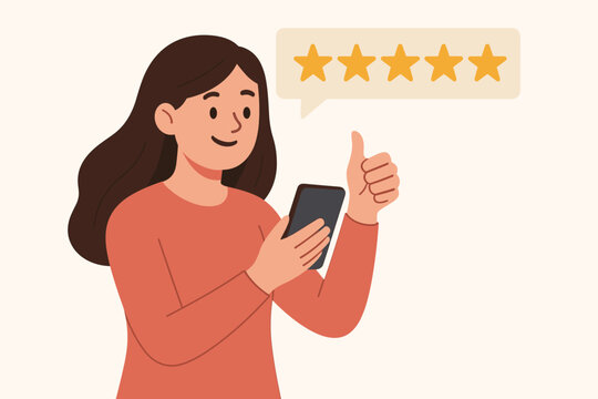 Five star business review, happy female user giving positive feedback and top rating for online service, flat vector illustration, customer satisfaction, mobile device, best ranking concept