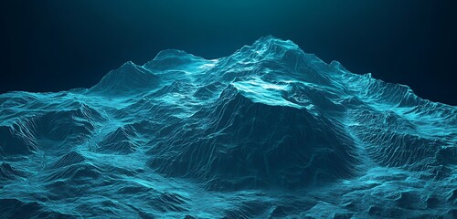 Laser-illuminated terrain map inspired by ancient mountain structures in cyan