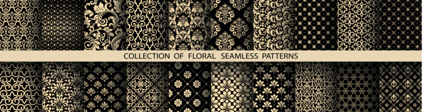 Geometric floral set of seamless patterns. Golden and black vector backgrounds. Damask graphic ornaments