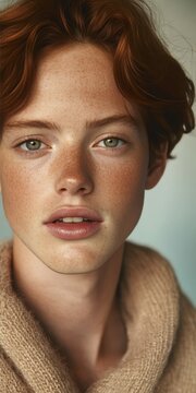 Calm Male Portrait Featuring Soft Skin, Delicate Freckles, and Natural Hair for Editorial Use