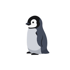 Joyful baby penguin lying on its stomach and wagging its tail happily. A cute and funny cartoon animal vector illustration.