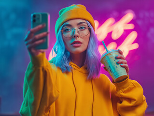 Young woman taking selfie with iced coffee