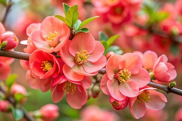 Vibrant coral pink japanese quince blossoms bursting with springtime beauty