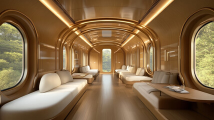 Fototapeta premium Luxurious train interior with wooden design, panoramic windows, comfortable seating