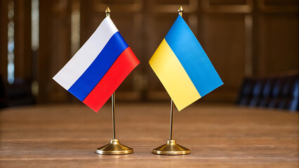 Russia and ukraine flags on table: international relations concept