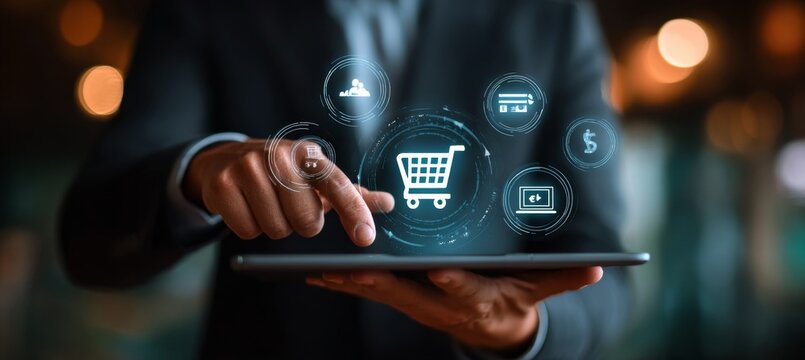 A Businessman in a Suit Uses a Tablet to Boost Online Sales and Digital Marketing Efforts