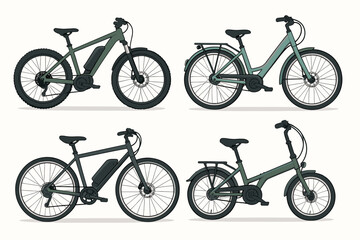 Electric bikes collection set. Vector illustration of modern urban commuter ebikes, mountain and city electric bicycles for men and women, side view, flat design, isolated on white background.