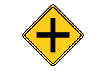 Obraz premium Intersection road sign yellow diamond shape. Crossroad traffic warning symbol. Black cross vector illustration. Caution signage template. Highway junction alert. Transportation concept safety marker.