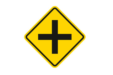 Obraz premium Road Intersection Warning Sign. Yellow Diamond Crossroad Alert Symbol. Traffic and Highway Safety Vector. Transparent Background. Four-Way Junction. Black Cross Sign. Transportation Caution Icon.