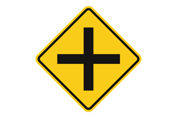 Fototapeta premium Intersection road sign, yellow diamond traffic warning symbol, crossroad ahead safety notice, black plus shape, transportation caution, vector illustration for driving and highway alerts