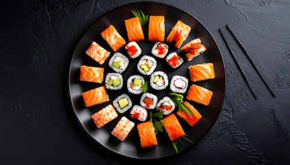 An overhead shot of a large, round, black plate filled with an assortment of sushi rolls artfully arranged in a circular pattern