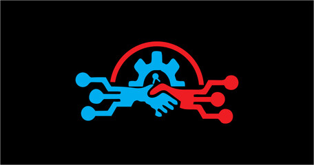 Modern technology logo depicting a digital handshake between two parties, with red and blue circuit elements. A gear and key symbol above represent collaboration, security, and technological innovatio