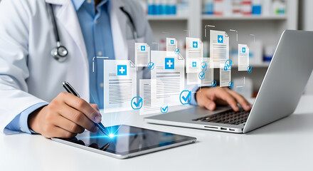 Doctor reviewing digital medical records on a tablet and laptop, representing modern healthcare technology and patient data management