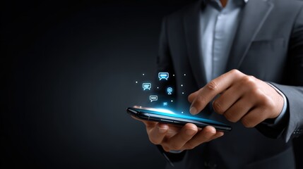 Businessman Using Smartphone with Floating Digital Icons

