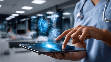Medical Professional Using Digital Tablet with Holographic Health Data