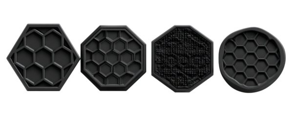 Four octagonal/circular black shapes, exhibiting a honeycomb pattern in various states of deterioration
