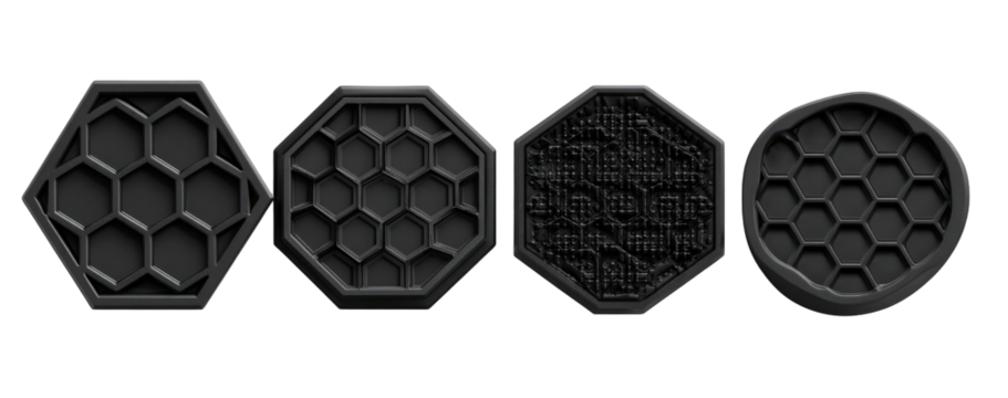Four octagonal/circular black shapes, exhibiting a honeycomb pattern in various states of deterioration