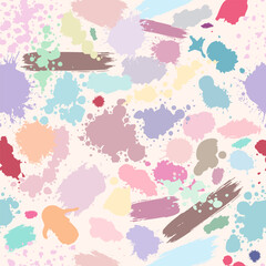 Seamless Pattern with Colorful Pastel Ink and Paint Splashes on Light Background