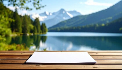 Obraz premium Blank white paper mockup on a rustic wooden table with serene lake and forest background, perfect for creative concepts inspirational messages.
