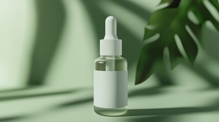  matte white glass cosmetic serum 30 ml bottle with white clear paper label in the centre of the bottle used for a mockup, white dropper, ultra high contrast lighting, soft green background