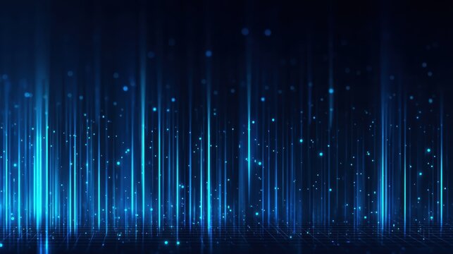 Glowing blue vertical lines and particles create a futuristic, digital landscape on a dark background