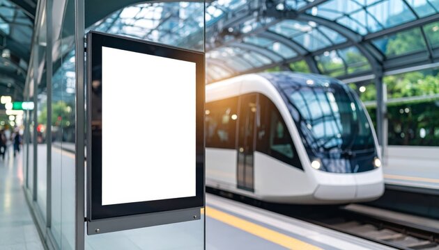 Modern passenger train arriving at a railway station platform with visible tracks and blank white sign for transportation travel concepts.