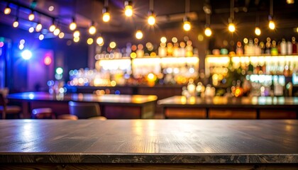 Detailed view of an empty rustic wooden table surface with a soft focus, outoffocus pub or restaurant setting in the background creating warm and inviting atmosphere.