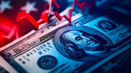 A 100-dollar bill under red declining arrows with stars in the background.