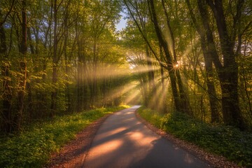 Fototapeta premium Green leaves carpet a winding country road through a foggy forest, lit by the sun's golden light