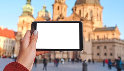 Closeup view of a person holding modern digital tablet with blank white screen, perfect for mockups and presentations, showcasing technology in simple, clean setting.