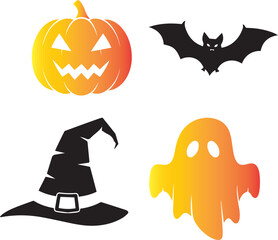 Naklejka premium Halloween elements a pumpkin, a bat, a witch hat, and a ghost, in black fill style
