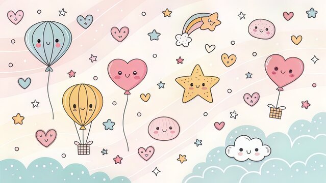Cute doodles background with kawaii icons