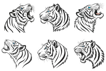 Set of 6 Vector Tiger Head Side View Logos in Monochrome Style with Blue Eyes for Tattoos, Mascots, and Graphic Design