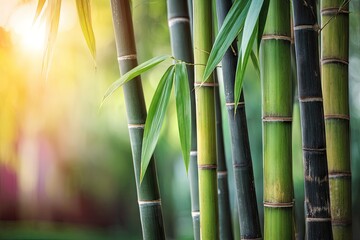 Close-up of vibrant green and dark bamboo stalks with lush foliage, bathed in sunlight