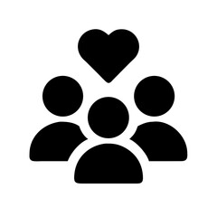 Illustration of a group of three people with a heart shape above them in black and white color scheme