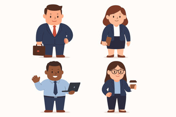 Cartoon office people collection set of 4 businesspeople with small heads and big bodies in modern corporate flat design style, vector illustration on white background, teamwork and diversity concept