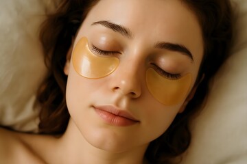 A young woman is resting with under-eye patches on her face, lying on a pillow with a calm expression. Concept Self-Care Routine, Under-Eye Patches, Relaxation, Beauty Treatment, Calm Moment
