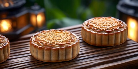 Elegant Mid-Autumn Festival Celebration with Traditional Mooncakes and Antique Lanterns on Display