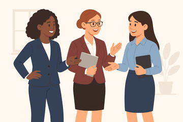 Professional businesswomen discussing corporate strategy in modern office setting, team collaboration, leadership, teamwork, diversity, formal attire, female executives, business communication concept