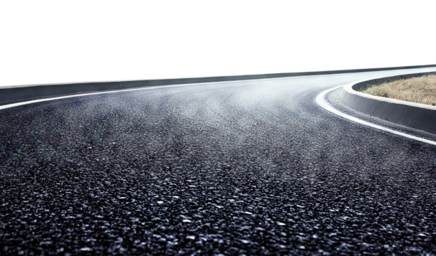 Curved asphalt road with white markings, isolated on transparent cutout background