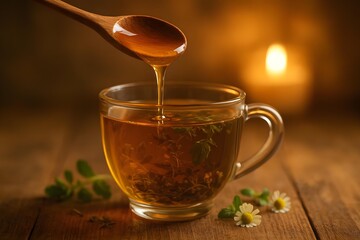 Fototapeta premium A cup of herbal tea with a wooden spoon drizzling honey, set against a warm, cozy background with candles and flowers. Concept Herbal Tea Delight, Cozy Atmosphere, Honey Drizzling