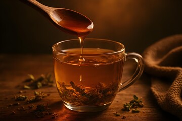 Fototapeta premium A wooden spoon dripping honey over a cup of herbal tea, surrounded by dried herbs on a wooden table. Concept Honey Dripping, Herbal Tea, Wooden Spoon, Dried Herbs, Rustic Table Setting