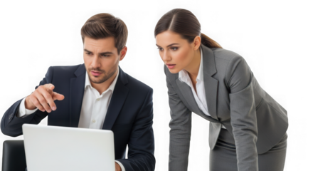Two business people working together in an office looking at a laptop screen discussing a project isolated on transparent background