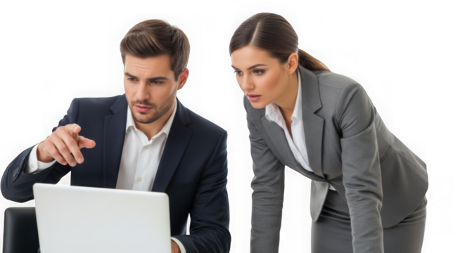 Two business people working together in an office looking at a laptop screen discussing a project isolated on transparent background