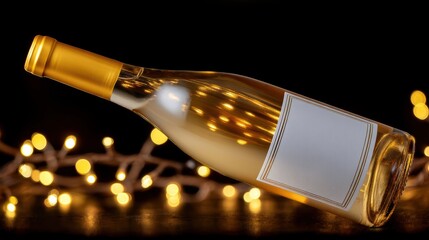 A bottle of white wine with a blank label lies on its side, surrounded by warm, glowing string lights against a black background